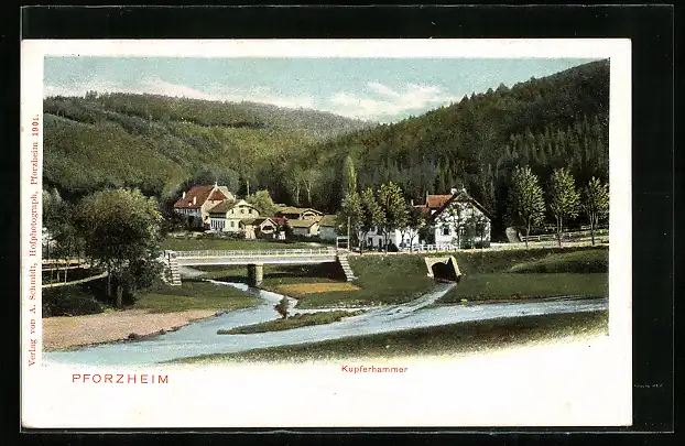 AK Kupferhammer bei Pforzheim, Ortsansicht mit Brücke