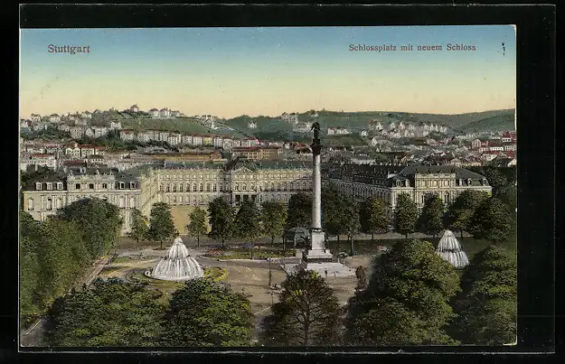 AK Stuttgart, Schlossplatz mit neuem Schloss aus der Vogelschau