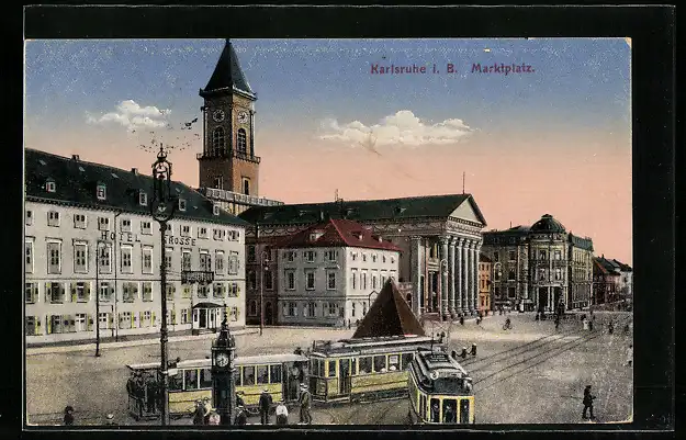 AK Karlsruhe i. B., Strassenbahnen auf dem Marktplatz, Hotel Grosse