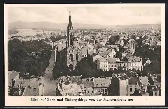 AK Bonn, Blick auf den Ort und Siebengebirge von der Münsterkirche aus