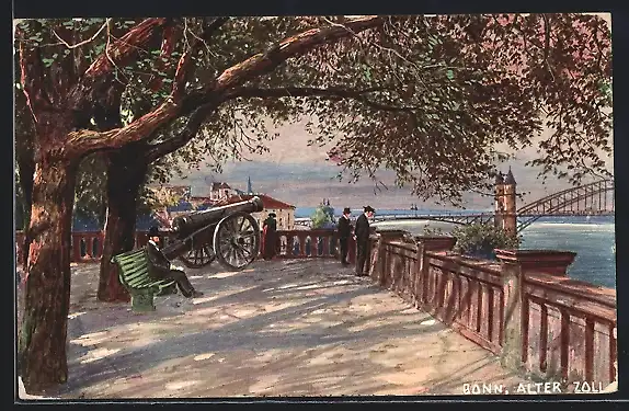 Künstler-AK Bonn, Ausflügler am Alten Zoll