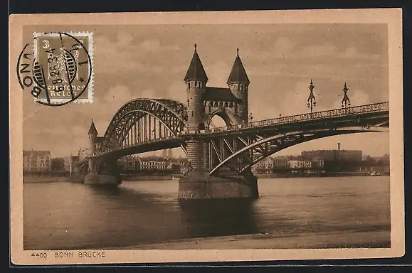 Künstler-AK Bonn, Rheinbrücke und Stadtpanorama