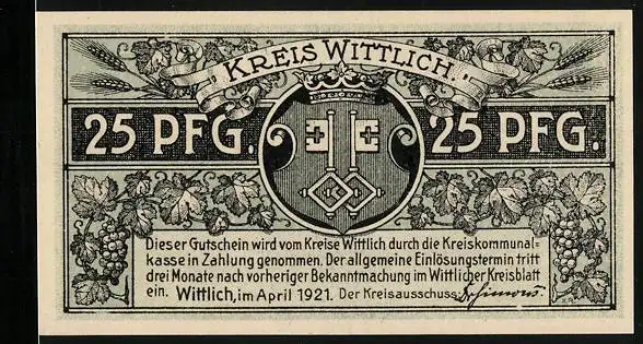 Notgeld Wittlich 1921, 25 Pfennig, Eberhards-Clausen vor 400 Jahren, Wappen