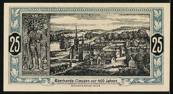 Notgeld Wittlich 1921, 25 Pfennig, Eberhards-Clausen vor 400 Jahren, Wappen