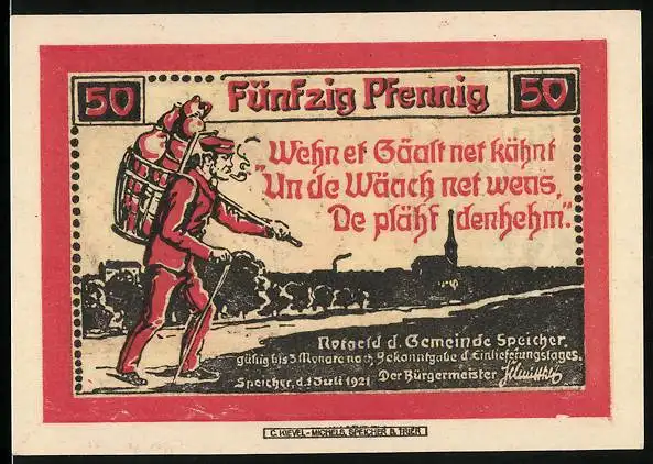 Notgeld Speicher 1921, 50 Pfennig, Händler trägt Korb mit Töpfen