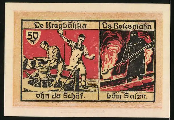 Notgeld Speicher 1921, 50 Pfennig, Händler trägt Korb mit Töpfen