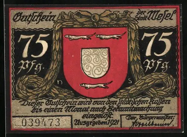 Notgeld Wesel 1921, 75 Pfennig, Stadtwappen, Todesureil für die Schill'schen Offiziere