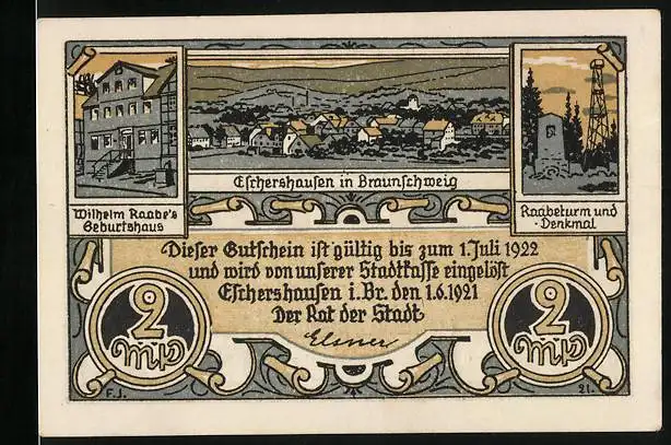 Notgeld Eschershausen in Braunschweig 1921, 2 Mark, Teilansicht, Wilhelm Raabe`s Geburtshaus, Raabeturm und Denkmal