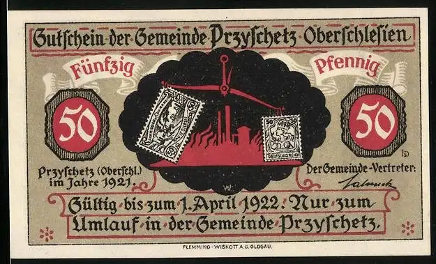 Notgeld Przyschetz 1922, 50 Pfennig, Waage mit Briefmarken