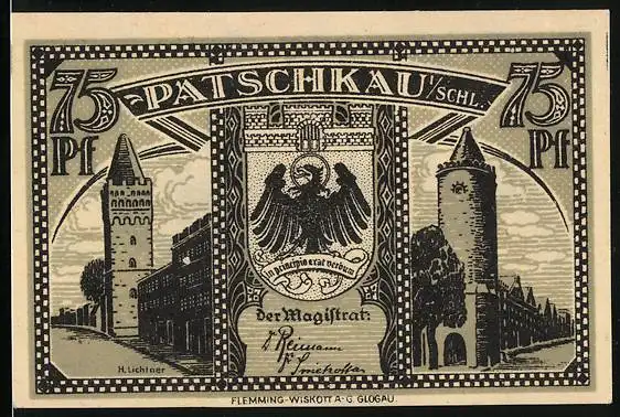 Notgeld Patschkau i. Schl., 75 Pfennig, Türme, Stadtwappen