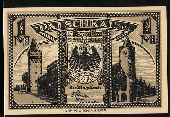 Notgeld Patschkau i. Schl., 1 Mark, Türme, Stadtwappen