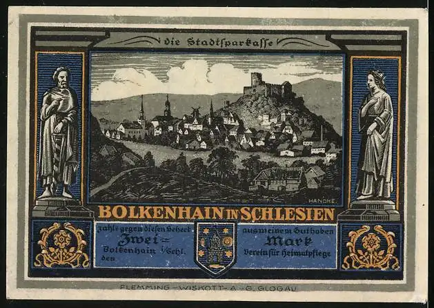 Notgeld Bolkenhain in Schlesien, 2 Mark, Strassenpartie mit Denkmal