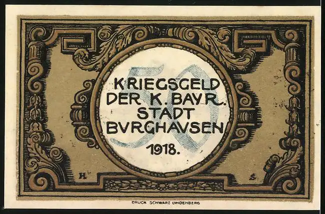 Notgeld Burghausen 1918, 50 Pfennig, Blick zur Burg, Wappen