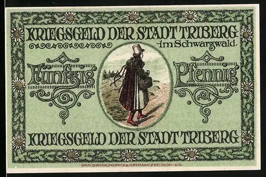 Notgeld Triberg im Schwarzwald 1918, 50 Pfennig, Wanderer, Wappen