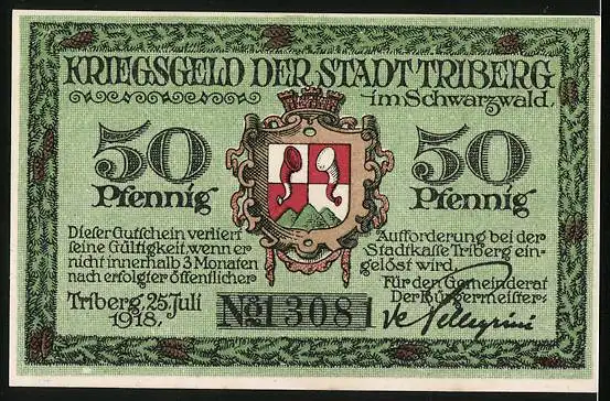 Notgeld Triberg im Schwarzwald 1918, 50 Pfennig, Wanderer, Wappen