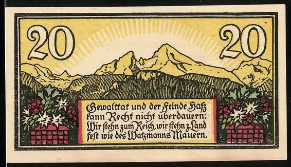 Notgeld Berchtesgaden 1920, 20 Pfennig, Berge mit Alpenblumen, Wappen