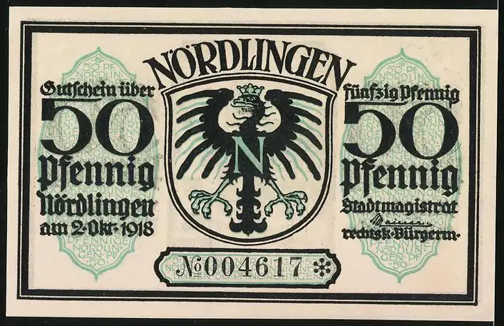 Notgeld Nördlingen 1918, 50 Pfennig, Strassenpartie mit Turm, Wappen
