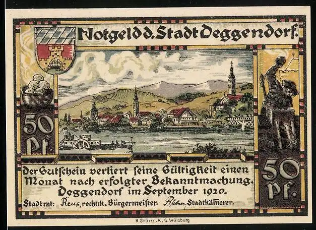 Notgeld Deggendorf 1920, 50 Pfennig, Uferpartie mit Kirche, Wappen