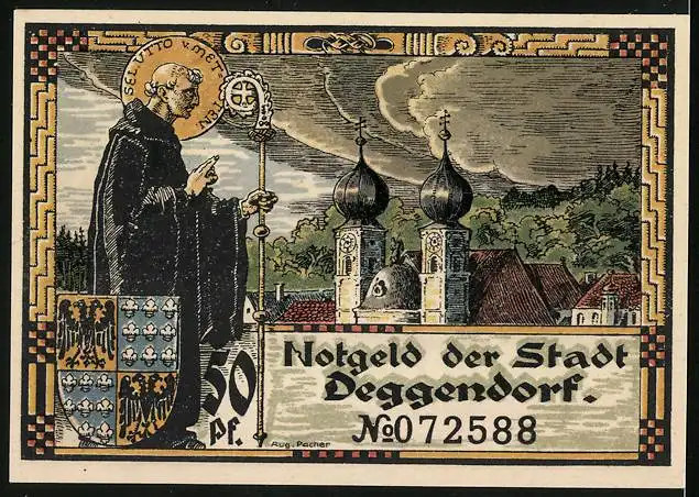Notgeld Deggendorf 1920, 50 Pfennig, Uferpartie mit Kirche, Wappen
