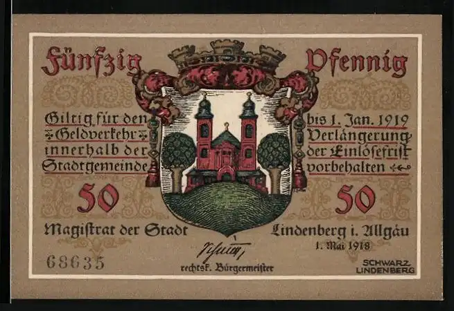 Notgeld Lindenberg i. Allgäu 1918, 50 Pfennig, Stadtwappen