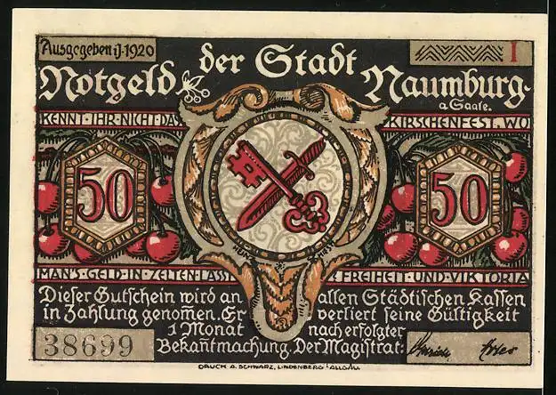 Notgeld Naumburg a. Saale 1920, 50 Pfennig, Mädchen vor Riesen mit Schwert