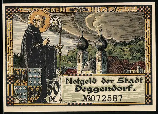 Notgeld Deggendorf 1920, 50 Pfennig, Geistlicher vor der Kirche, Wappen