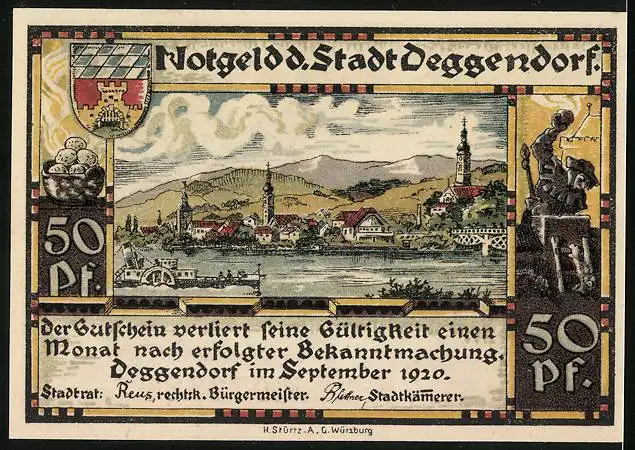 Notgeld Deggendorf 1920, 50 Pfennig, Geistlicher vor der Kirche, Wappen