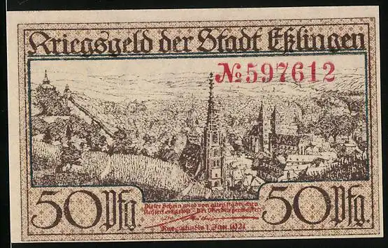 Notgeld Esslingen 1921, 50 Pfennig, Ortspartie mit Kirche