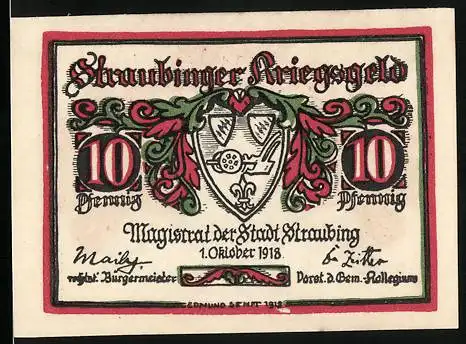 Notgeld Straubing 1918, 10 Pfennig, Stadtwappen