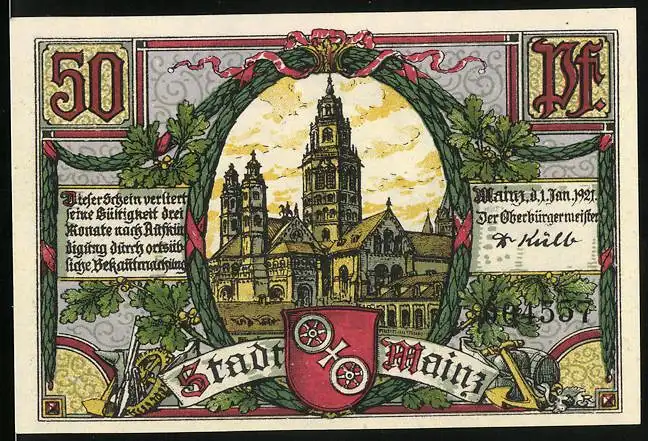 Notgeld Mainz 1921, 50 Pfennig, Marktbrunnen, Gutenberg Denkmal, Mainzer Dom