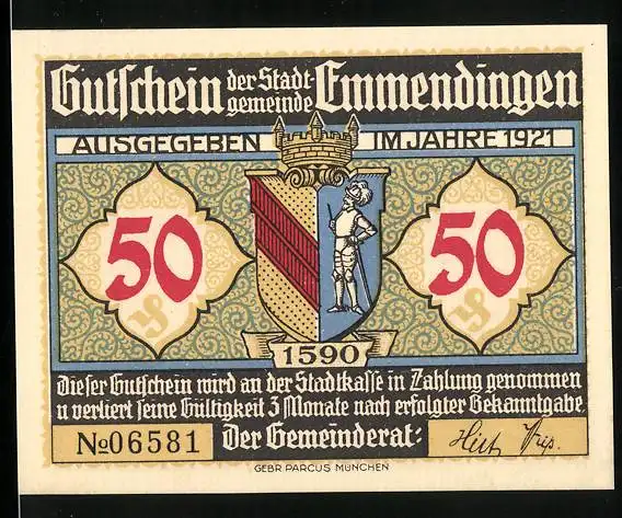 Notgeld Emmendingen 1921, 50 Pfennig, Stadtwappen