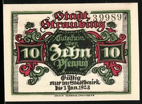 Notgeld Straubing 1918, 10 Pfennig, Stadtwappen