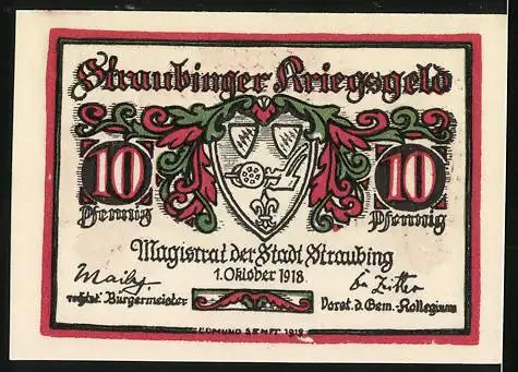 Notgeld Straubing 1918, 10 Pfennig, Stadtwappen