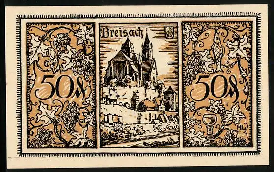 Notgeld Breisach 1921, 50 Pfennig, Blick zum Schloss