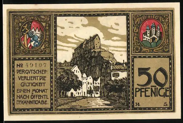 Notgeld Burghausen 1918, 50 Pfennig, Blick zur Burg, Wappen