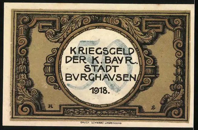 Notgeld Burghausen 1918, 50 Pfennig, Blick zur Burg, Wappen