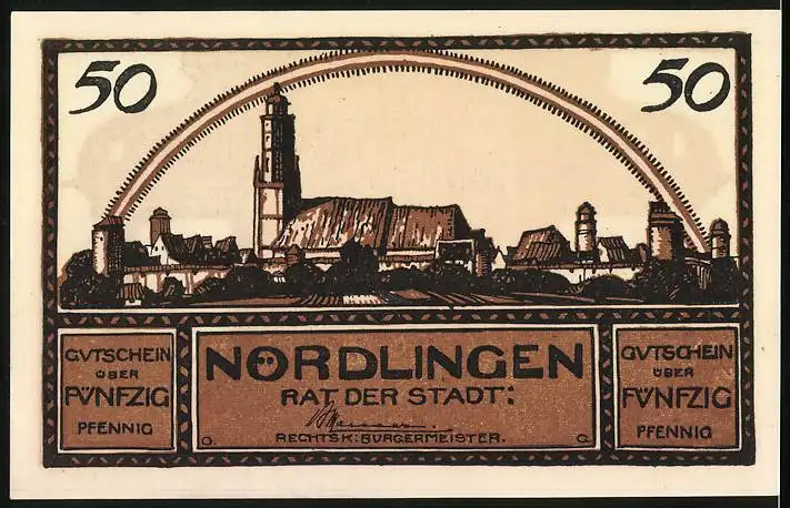 Notgeld Nördlingen 1920, 50 Pfennig, Ortspartie mit Kirche