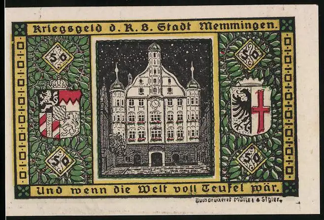 Notgeld Memmingen 1918, 50 Pfennig, Rathaus, Wappen