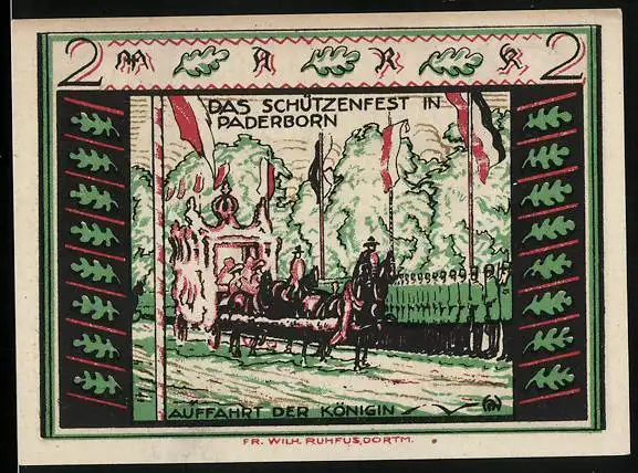 Notgeld Paderborn 1921, 2 Mark, Das Schützenfest, Auffahrt der Königin