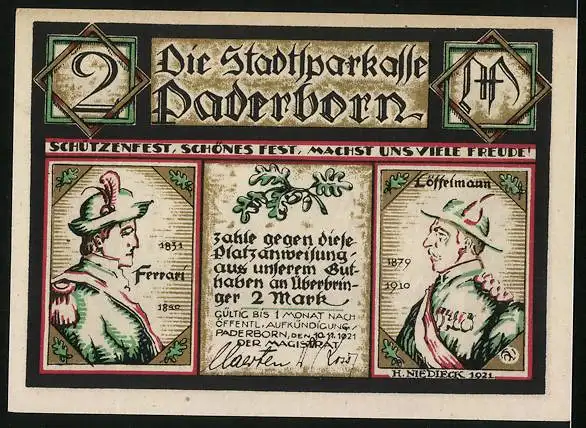 Notgeld Paderborn 1921, 2 Mark, Das Schützenfest, Auffahrt der Königin