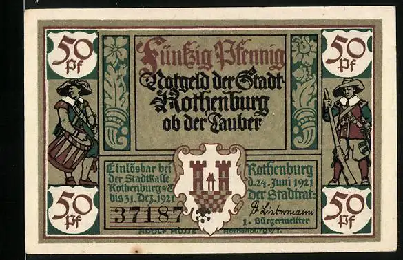 Notgeld Rothenburg ob der Tauber 1921, 50 Pfennig, Stadtwappen