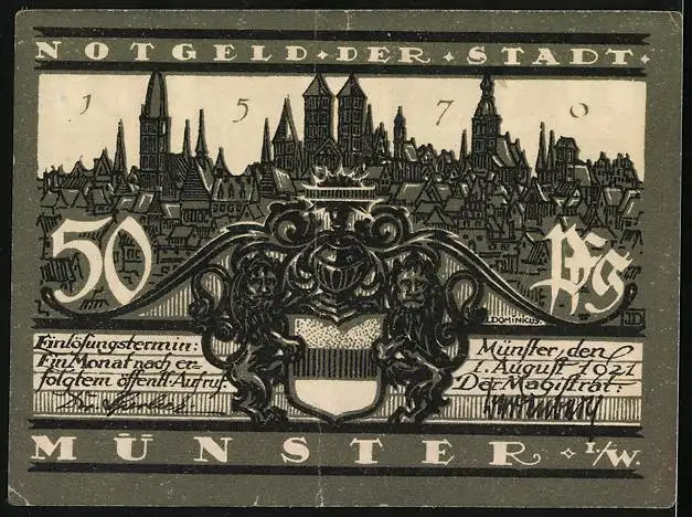 Notgeld Münster 1921, 50 Pfennig, Dom, Westwerk