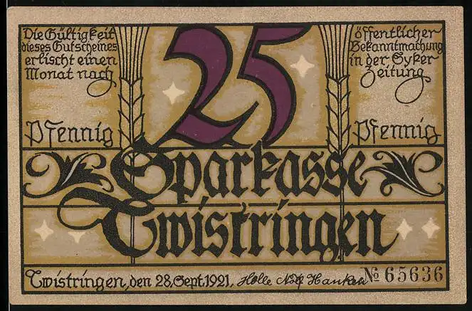Notgeld Twistringen 1921, 25 Pfennig, Bauer auf dem Feld, Im Hintergrund Windmühle