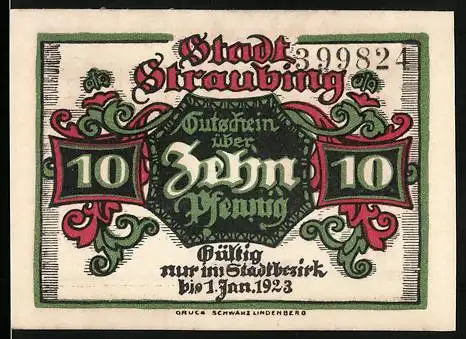 Notgeld Straubing 1923, 10 Pfennig, Stadtwappen