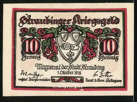 Notgeld Straubing 1923, 10 Pfennig, Stadtwappen