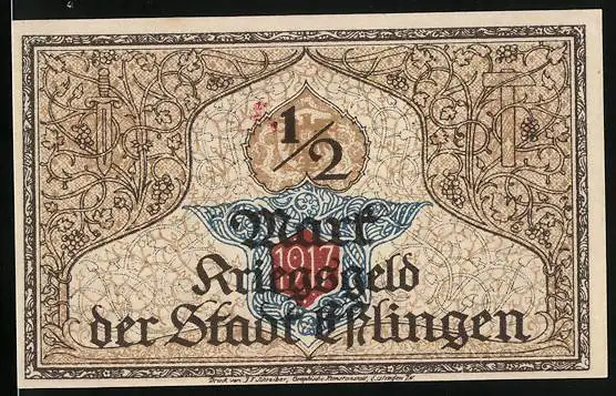 Notgeld Esslingen 1921, 50 Pfennig, Ortspartie mit Kirche