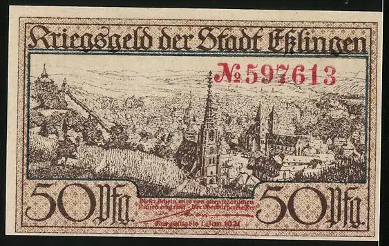 Notgeld Esslingen 1921, 50 Pfennig, Ortspartie mit Kirche