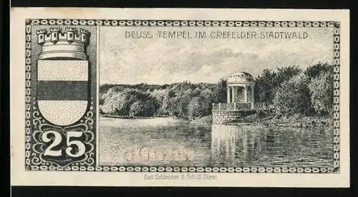 Notgeld Krefeld 1920, 25 Pfennig, Deuss-Tempel im Krefelder Stadtwald