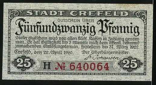 Notgeld Krefeld 1920, 25 Pfennig, Deuss-Tempel im Krefelder Stadtwald
