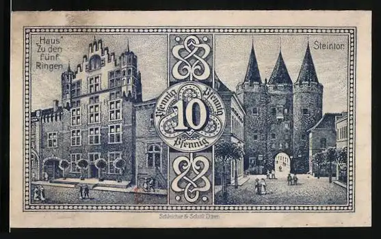 Notgeld Goch 1921, 10 Pfennig, Haus Zu den fünf Ringern, Steintor